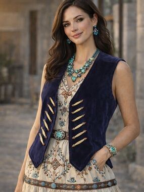 Vintage Double D Ranch Wear Velvet Vest M Navy Bone Bead Western Southwestern US